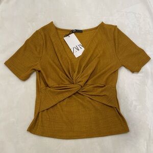 Zara light brown v neck short sleeve twist front top